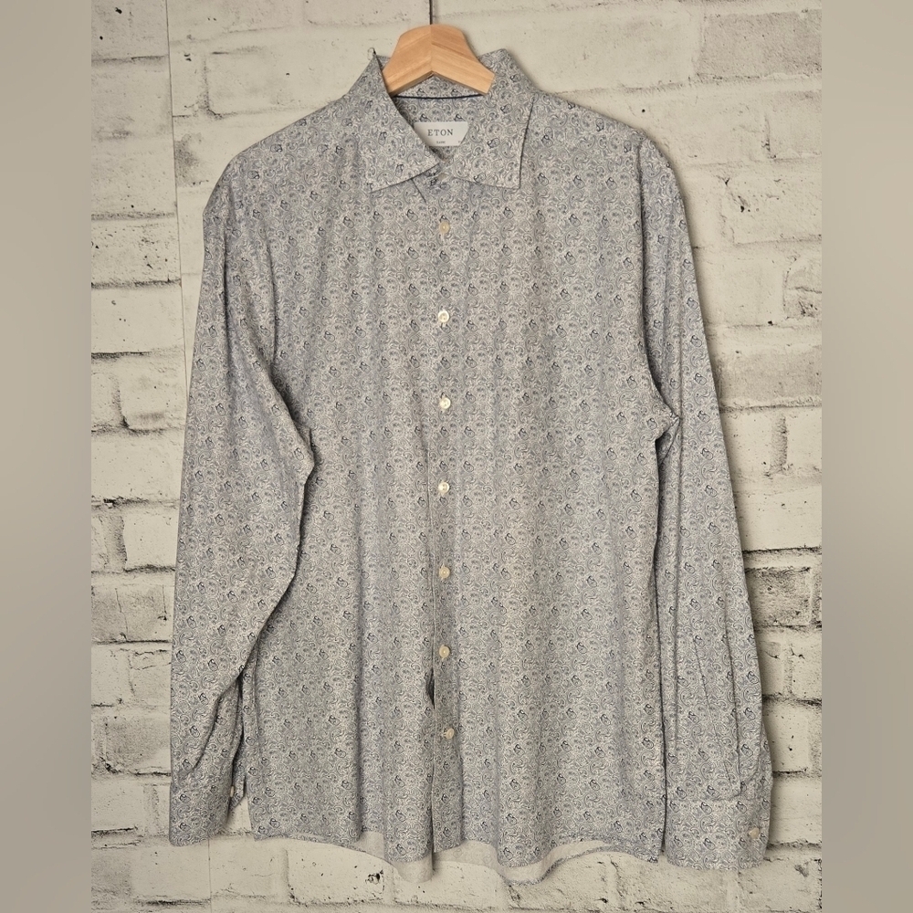 Eton Sweden Mens Paisley Dress Shirt Classic Fit 17.5 44 Blue White